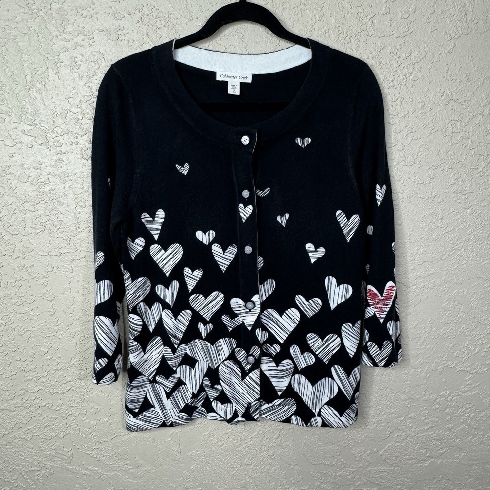 Coldwater Creek Womens Heart Print Cardigan Sweater Size 6 Black White Button Up